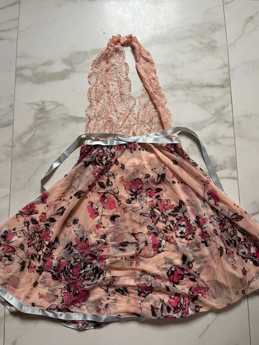 La Vie En Rose Peach Pink Floral Lace Halter Chemise